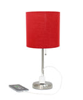 Sleek Brushed Steel Table Lamp With Built-In Charging Outlet, red drum shade, modern desk light, Model LT2024-WHT shown charging phone