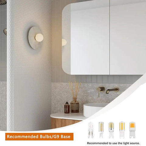 KXKLGWHN Modern Minimalist Style Natural Alabaster Wall Lamp, Hard Wire illuminated in a stylish bathroom setting.