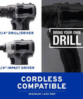 Professional Grade Drill Powered Paint Sprayer with drill and impact driver graphics and cordless compatibility details.