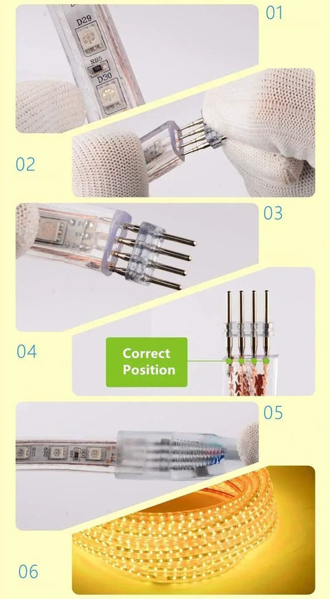 Plug And Play RGB LED Strip Lights 65.6 Ft Waterproof Flexible Rope Light assembly and IP67 waterproofing demonstration.