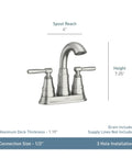 Spot Resist Brushed Nickel Two Handle Centerset Bathroom Sink Faucet With Drain Assembly, aerated flow, 4-inch centerset