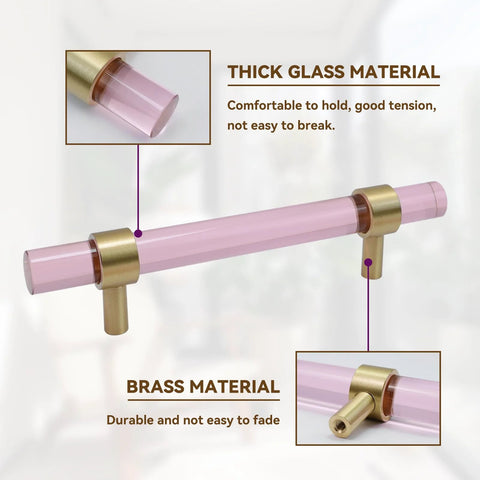 Crystal Cabinet Pulls 4 Pack Pink Drawer Pulls With Crystal Glass And Gold Brass Base showing thick glass and brass material.