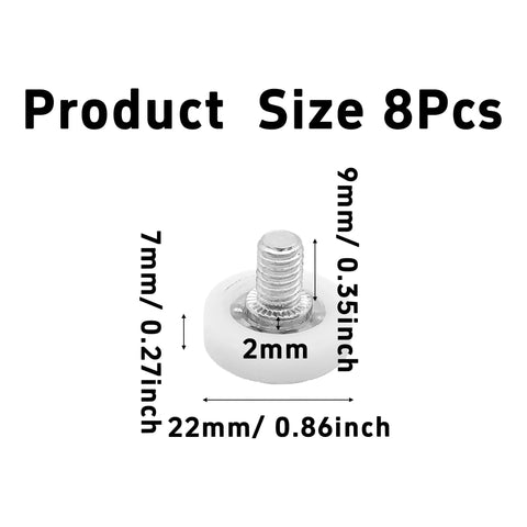 Eight Piece 22mm Drawer Rollers With Bearings And Nuts For Cabinets Sliding Doors And Filing Cabinets Smooth Quiet Drawer Glide Nylon Pulley Wheels Includes 9mmThreaded Rod M6x1, shown with measurements.