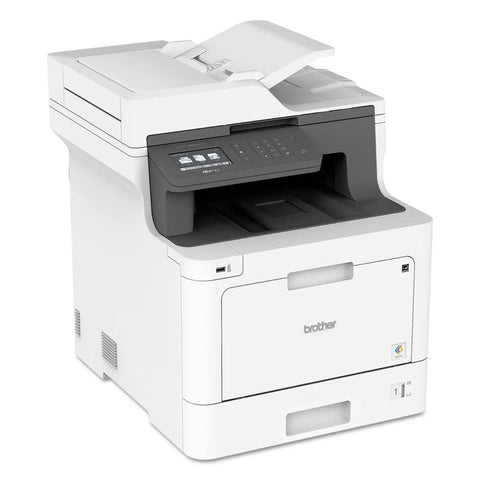 Heavy Duty Color Laser All In One Printer With Smooth Wireless Networking Auto Duplex Printing Mobile Scanning Alexa Ready For Crushing Your Daily Workload In Crisp White Finish, showing control panel and top scanner.