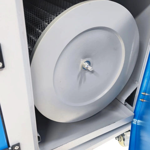 View of the interior fan system of the Badass Heavy Duty Metalworking Downdraft Table Featuring Industrial Dust Collector Vacuum System.