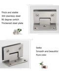 Premium 304 Brushed Stainless Steel Shower Hinges For Frameless Glass Doors 90 Degree Pair Built Legit With Zero Rattle Heavy Duty Bathroom Hardware Smooth Swinging Every Single Time, showcasing thickened steel plate design.