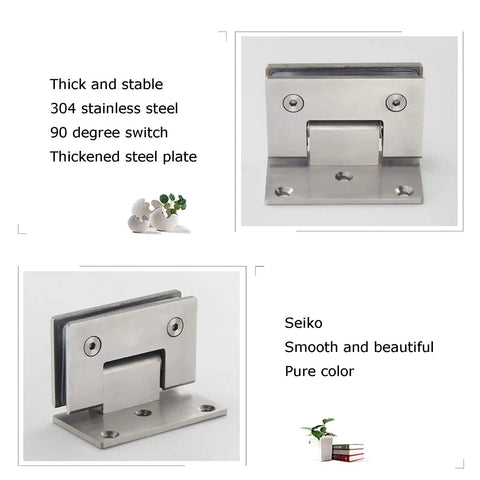 Heavy Duty Brushed 304 Stainless Steel 90 Degree Glass Shower Door Hinges For Bathroom Tub Frames shown in detailed view.