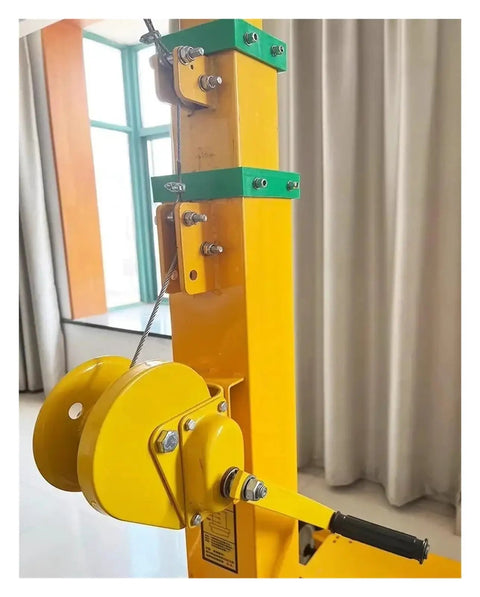 Close-up of the Heavy Duty Hand Cranked Lifting Pole With Manual Telescopic Mechanical Winch with yellow finish and hand crank.