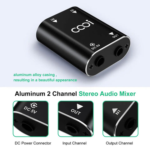Dope 2 Channel Stereo Audio Mixer With Metal Shell And AUX, showing input and output ports and aluminum casing