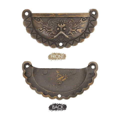 Front and back of Antique Bronze Lion Head Cabinet Pulls 2.75 Inch Vintage Half Round Dresser Handles hardware set of 2