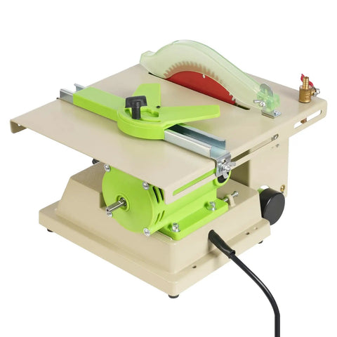 Beast 1380W Mini Table Saw And Jewelry Polisher with 7000RPM adjustable speed, showing side view with dust collection feature.