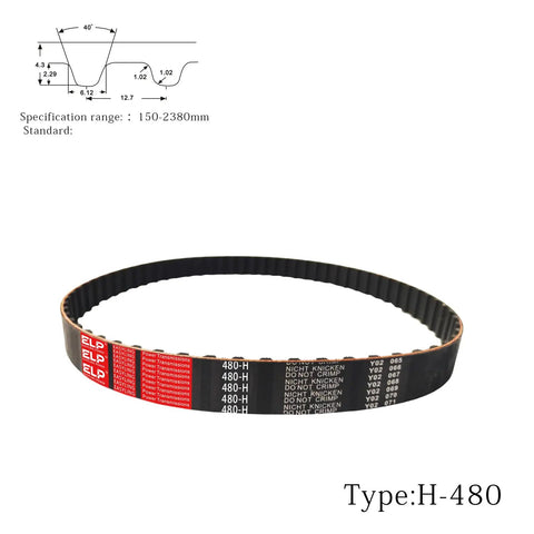 Heavy Duty 48 Inch Endless Loop Synchronous Belt Model 480 H-100 with 516 Melt Teeth Fits Industrial Machinery and Custom Fabrication Projects Like A Champ, showcasing its ribbed profile.