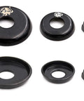 Skateboard Kingpin Nuts And Truck Cup Washers Replacement Kit, black components, top and side view, for skateboard maintenance.