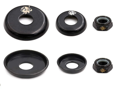 Skateboard Kingpin Nuts And Truck Cup Washers Replacement Kit, black components, top and side view, for skateboard maintenance.