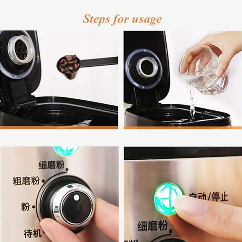 Bean To Cup Coffee Maker Featuring Built In Grinder And 600Ml Glass Carafe Zero Hassle Reusable Filter Snap Open Anti Drip Lid 900W Rapid Brew Kit For Your Daily Java Kick usage steps with coffee beans, water pouring, and control settings.