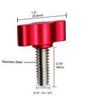 No Sweat Quick Turn Heavy Duty Red Thumb Screws 5/16 Inch Coarse Thread With Rugged Aluminum Wing Knobs For Hassle Free Machine Clamping Tightening And Sure Grip 4 Pack, close-up of red knob with stainless steel shaft.