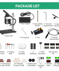 Mini Electric Bench Drill Press Stand Kit With 7-Gear Variable Speed Up To 8000 R Min Precise Diy Drilling Machine For Wood And Metal Compact Home Workshop Essential Gadget package list showing drill and accessories.