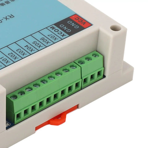 Close-up of 12-24VDC PLC Controller with 8 Inputs and 7 Outputs for Industrial Automation, showing wiring terminals and connection ports.