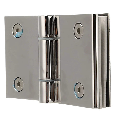 Rock Solid Double Sided Hinge For Frameless Glass Shower Door Stainless Steel Flat Polished Finish close-up view.