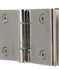 Heavy Duty Stainless Steel Glass Door Hinges With Slick Polished Finish Zero Hassle Installation front view showing polished surface and mounting screws.