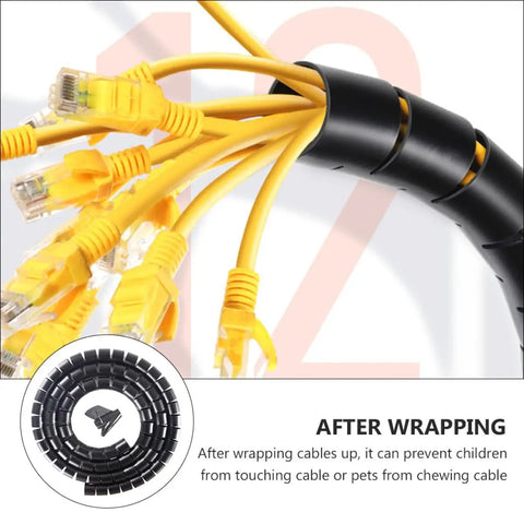 10m Black Spiral Cable Sleeve For Pet Proof Cord Management And Desk Wire Protection Kit covering yellow cables