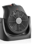 Front view of black 2 In 1 Portable Space Heater And Desk Fan For Home Office With 45 Degree Tilt And Dual Speed Settings Heats And Cools