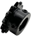 ANSI 35 Roller Chain Sprocket Type B 3/4 Bore 13 Teeth For ANSI 35 Chain Hardened 1045 Carbon Steel Drive Sprocket With 3/16 X 3/32 Keyway And Two Setscrews At 90 Degrees Type B High Frequency Quenched To HRC 38 To 42 black sprocket side view