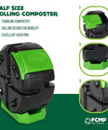 HotFrog Half Size Rolling Single Chamber Tumbling Composter in black and green, 19 gallon capacity, easy turn door shown from different angles.