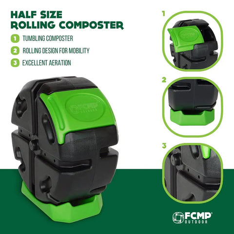HotFrog Half Size Rolling Single Chamber Tumbling Composter in black and green, 19 gallon capacity, easy turn door shown from different angles.