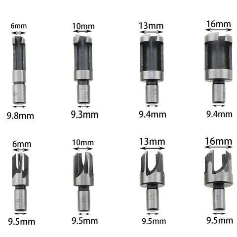 Eight Piece Wood Plug Cutter Drill Bit Set Forged From Tough Carbon Steel Round Shank showcasing various sizes 6-16mm openings.
