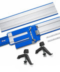 Premium Circular Saw Track Guide With Precision Track Clamps, 50 Inch Anti Splinter Rail displayed with blue aluminum and black clamps.