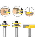 Must Have 3PC Tongue Groove Router Bit Set With Dual Shank Options For Cutting Perfect Joints In 3/4 Inch Woodstock Projects And Diy Build Sessions, showing detailed dimensions.