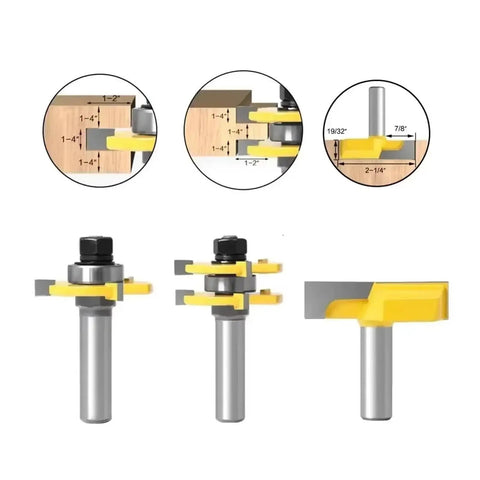 Must Have 3PC Tongue Groove Router Bit Set With Dual Shank Options For Cutting Perfect Joints In 3/4 Inch Woodstock Projects And Diy Build Sessions, showing detailed dimensions.