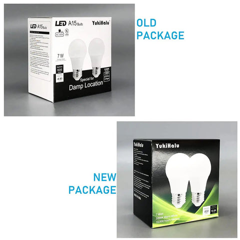 LED Refrigerator Light Bulb 60W Equivalent A15, 600 Lumen, 7W, 120V Daylight 5000K E26 Base, old and new packaging comparison