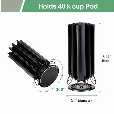 K Cup Holder Carousel Stand For Keurig Pods, 360 Degree Rotation, 48 Pod Organizer in Black Cast Iron, showing dimensions