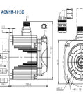 ACM1M-1313B servo motor and drive technical drawing; front and side views with dimensions.