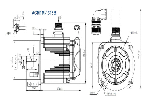 ACM1M-1313B servo motor and drive technical drawing; front and side views with dimensions.