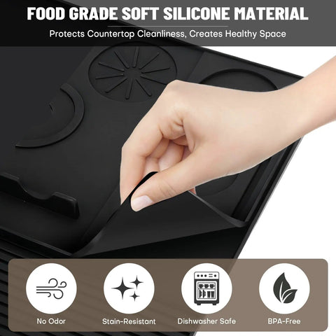 Hand lifting corner of Three In One Silicone Coffee Mat For Home Espresso Machines 23 By 15 Inches, showing raised edge and drying pad