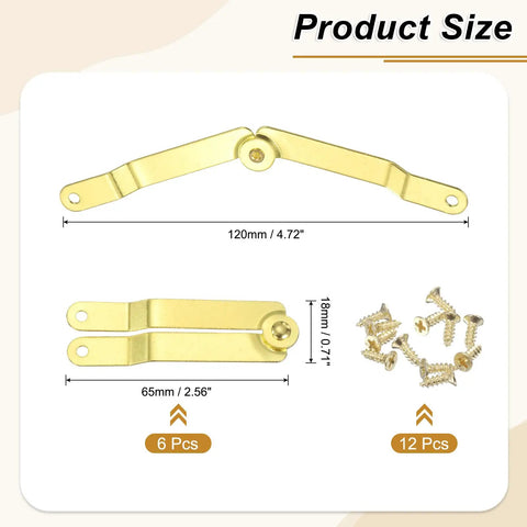 Six Pack Metal Lid Support Hinges With Screws, 4.72 Inch By 0.71 Inch, yellow iron construction, shown with 12 screws.