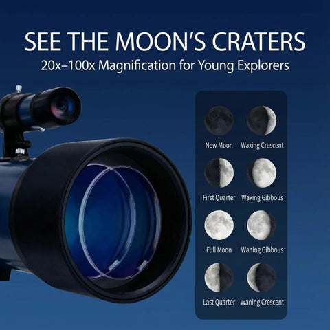 Beginner Kids Telescope With 50mm Aperture And Tripod, 20x-100x Magnification, moon phases chart beside telescope lens