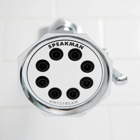 Close-up of Old School Vintage 8 Jet Shower Head With 1.75 GPM Flow, Solid Brass Construction, Polished Chrome Finish