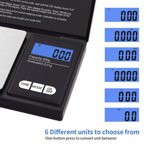 200g 0.01g Digital Pocket Scale With LCD Display showing multiple weighing modes and buttons