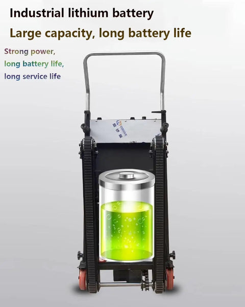 Heavy Duty Electric Stair Climber Hand Truck With Brushless Motor And Crawler Wheels For Moving Furniture Safely Up Or Down Steps No Assembly Needed At All showing industrial lithium battery with large capacity.