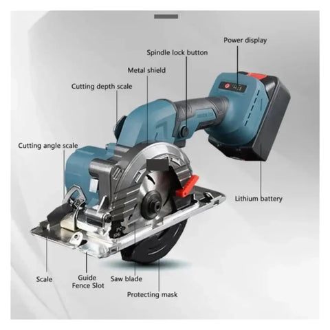 Badass Cordless Brushless Circular Saw 5 Inch 125mm handheld power tool with lithium battery and cutting depth scale.