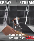Ophelia Chrome Kitchen Faucet With Pull Down Sprayer using ShieldSpray Technology for mess-free cleaning and splatter reduction