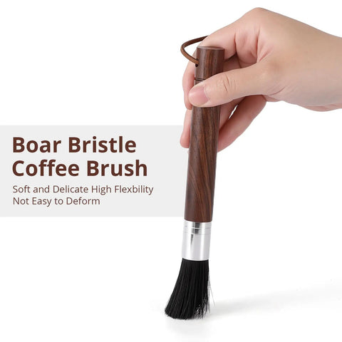 Hand holding Two Pack Coffee Grinder Cleaning Brush With Natural Walnut Wood Handle And Black Boar Bristle For Grinders Espresso Machines Barista Tools Hanging Loop