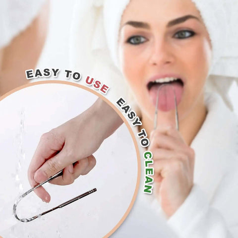 Two Pack Tongue Scrapers Made From 304 Stainless Steel For Adults And Kids, Pro Oral Care Tool, woman using scraper, easy to clean