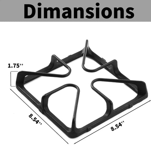 Heavy Duty Cast Iron Burner Grate Replacement Set For Gas Range Four Piece Stove Surface Top Grates shown with dimensions