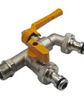 Two Way Garden Hose Faucet Adapter With Brass Ball Valve One Half Inch Connector featuring dual outlets and yellow handles