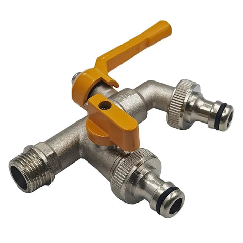 Two Way Garden Hose Faucet Adapter With Brass Ball Valve One Half Inch Connector featuring dual outlets and yellow handles